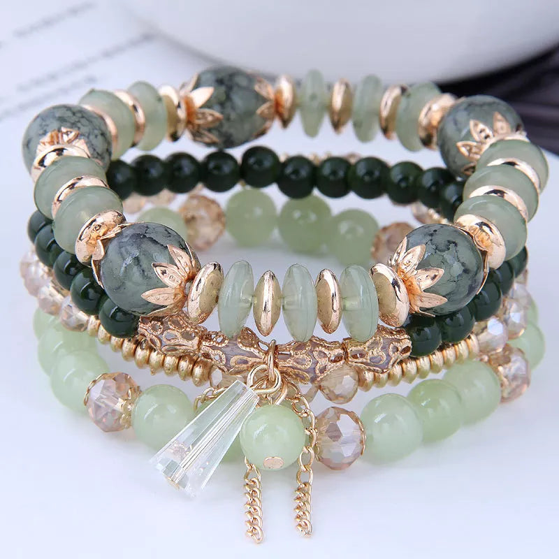 DIEZI Korean Trendy Multicolor Green Crystal Beads Rope Bracelets Women Girls Elastic Tassel Wrap Bracelet Pulseira Feminina