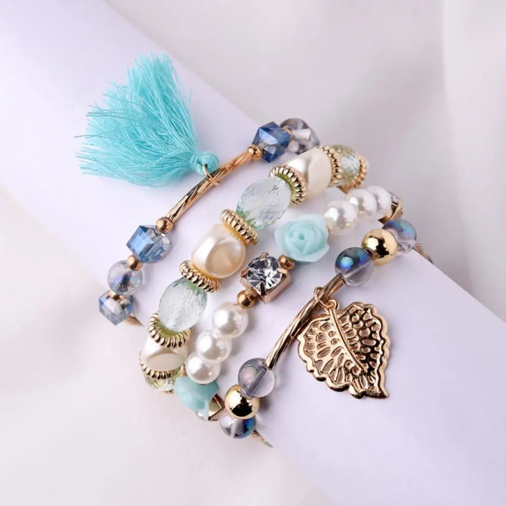 Multi-layer Crystal Bracelet Pearl Pendants Crystal Bangles Colored Alloy Bohemia Trendy Bracelet Set New In Jewelry