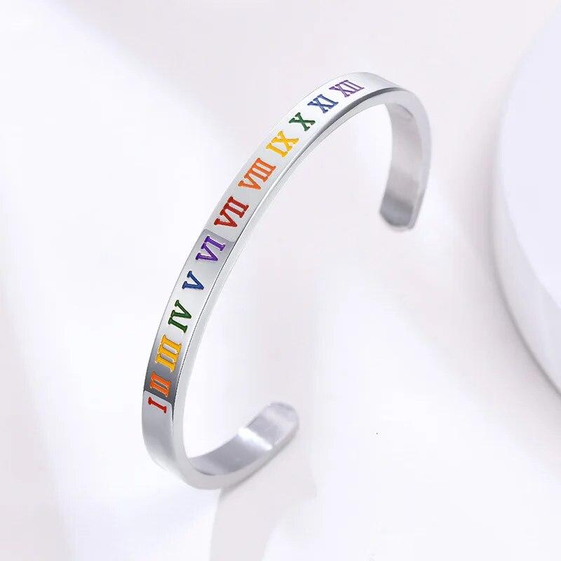 Black Rainbow Color Roman Number Cuff Bangle Unisex Pride Love Unisex Bracelets