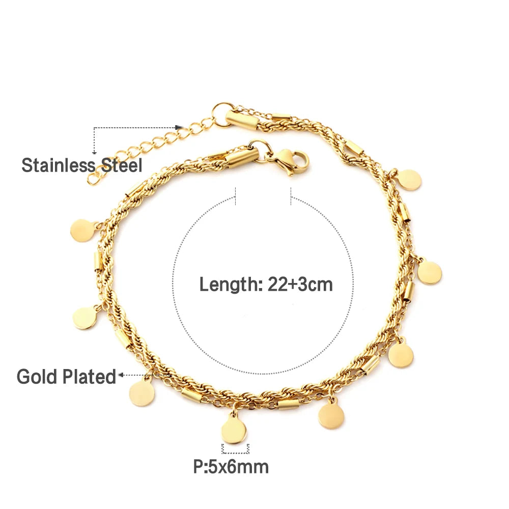 LUXUSTEEL Double Layer Coin Disc Pendant Anklets Gold Colour Stainless Steel Anti-allergic Rope Chain Leg Foot Bracelet Jewelry