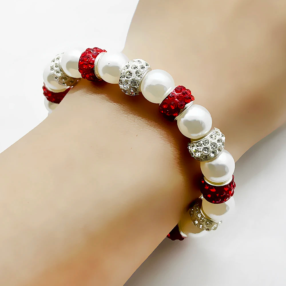 Exquisite Red Women's sorority society DELTA letter Label Rhinestone Heart Metal Pendant Pearl Bracelet
