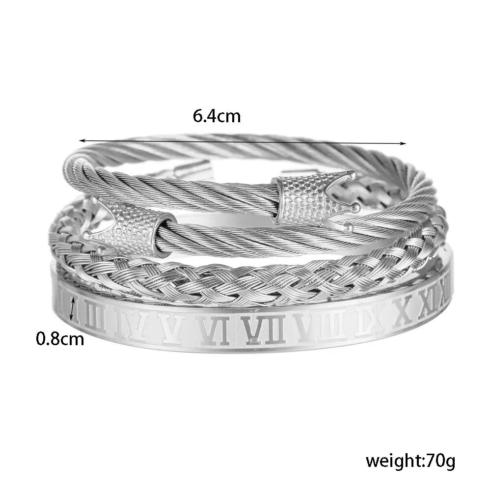Unisex 3Pcs/Set Crown Roman Bracelet Bangle Exquiste Stainless Steel No Fade Color Couple Friendship Birthday Jewelry Gifts