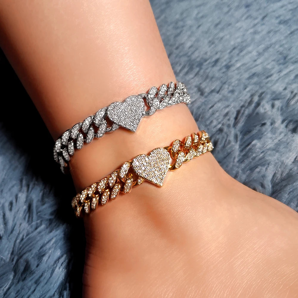 Trendy New Iced Out Heart Crystal Cuban Chain Anklets Bracelet For Women Hip Hop Paved Rhinestone Link Anklet Barefoot Jewelry