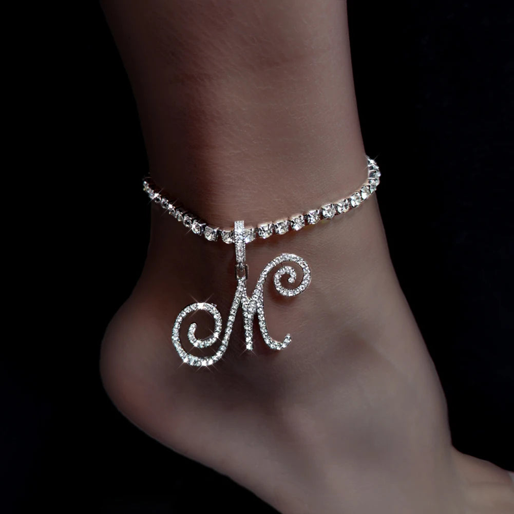 Cursive Initial Name Letter CZ Anklets Bracelet For Women Bling Shiny Crystal Tennis Chain Anklet Fashion Beach Leg Foot Jewelry