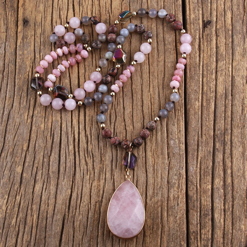 Multi Stone Beads Knotted Pink Drop Charm Pendant Bohemian Necklace