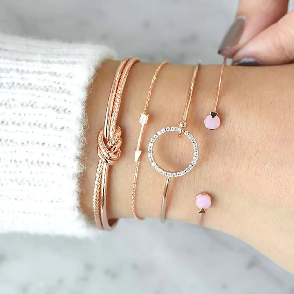 FNIO Trendy Geometric Bangle Bracelet Set For Women Gold Color Leaves Heart Arrow Open Cuff Bracelets Jewelry