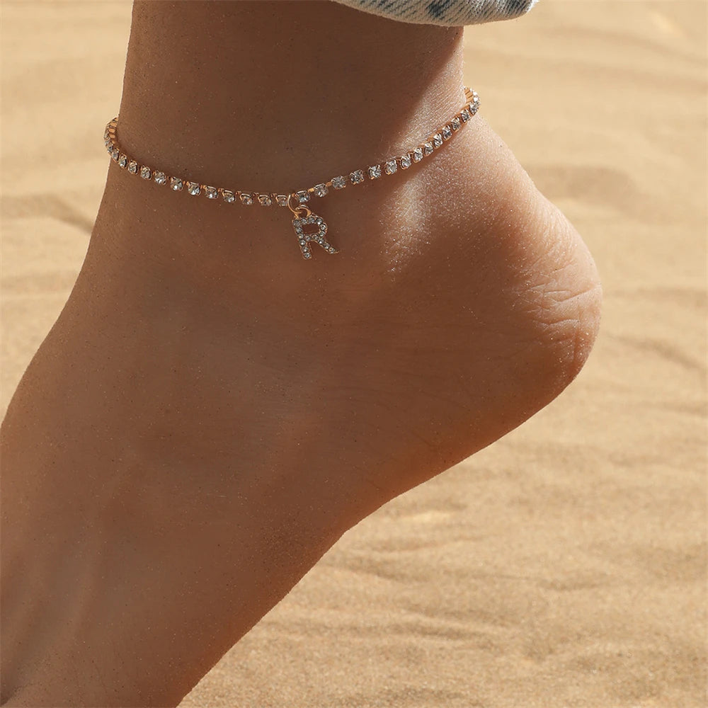 Tiny Crysta Letter Anklets For Women Alphabet Cuban Link Chain Foot Accessories Fashion Summer Beach Jewelry Gifts