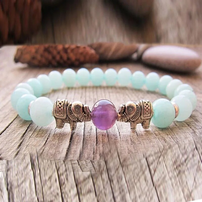Stone Beaded Bracelet with Gold Elephant Charm