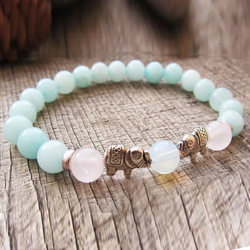 Stone Beaded Bracelet with Gold Elephant Charm