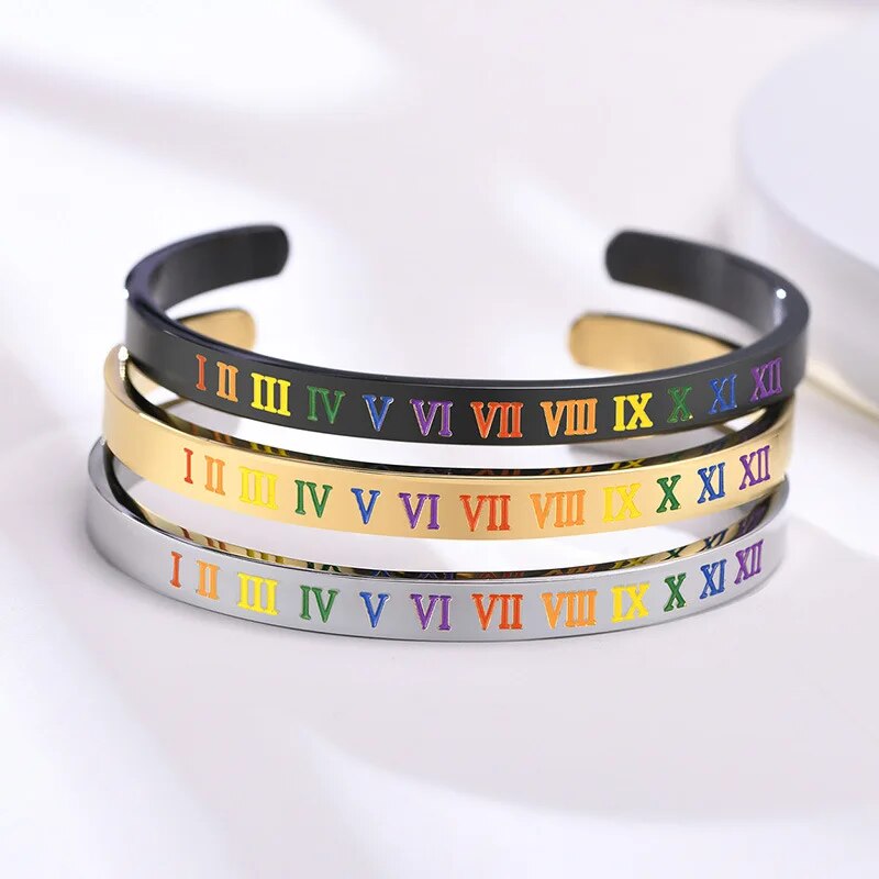 Black Rainbow Color Roman Number Cuff Bangle Unisex Pride Love Unisex Bracelets