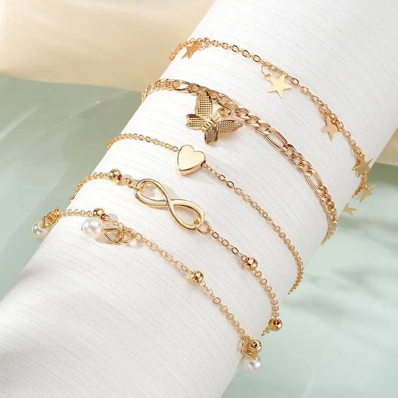 IFKM Gold Color Vintage Butterfly Anklet Set For Women Multilayers Adjustable Love Anklet Bracelet On Leg Foot Beach Jewelry