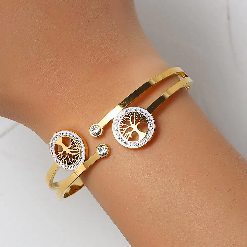 Luxury Stainless Steel Tree of Life Open Bracelet For Women Men Gold-color Cubic Zircon No Fade Color Lucky Cuff Bangle Jewelry