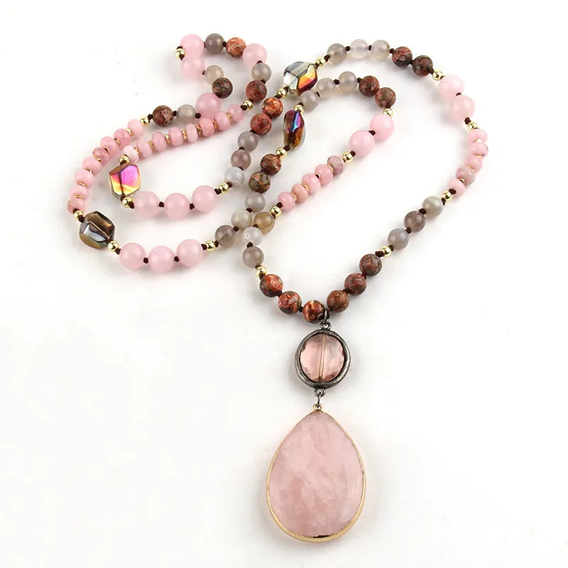 Multi Stone Beads Knotted Pink Drop Charm Pendant Bohemian Necklace