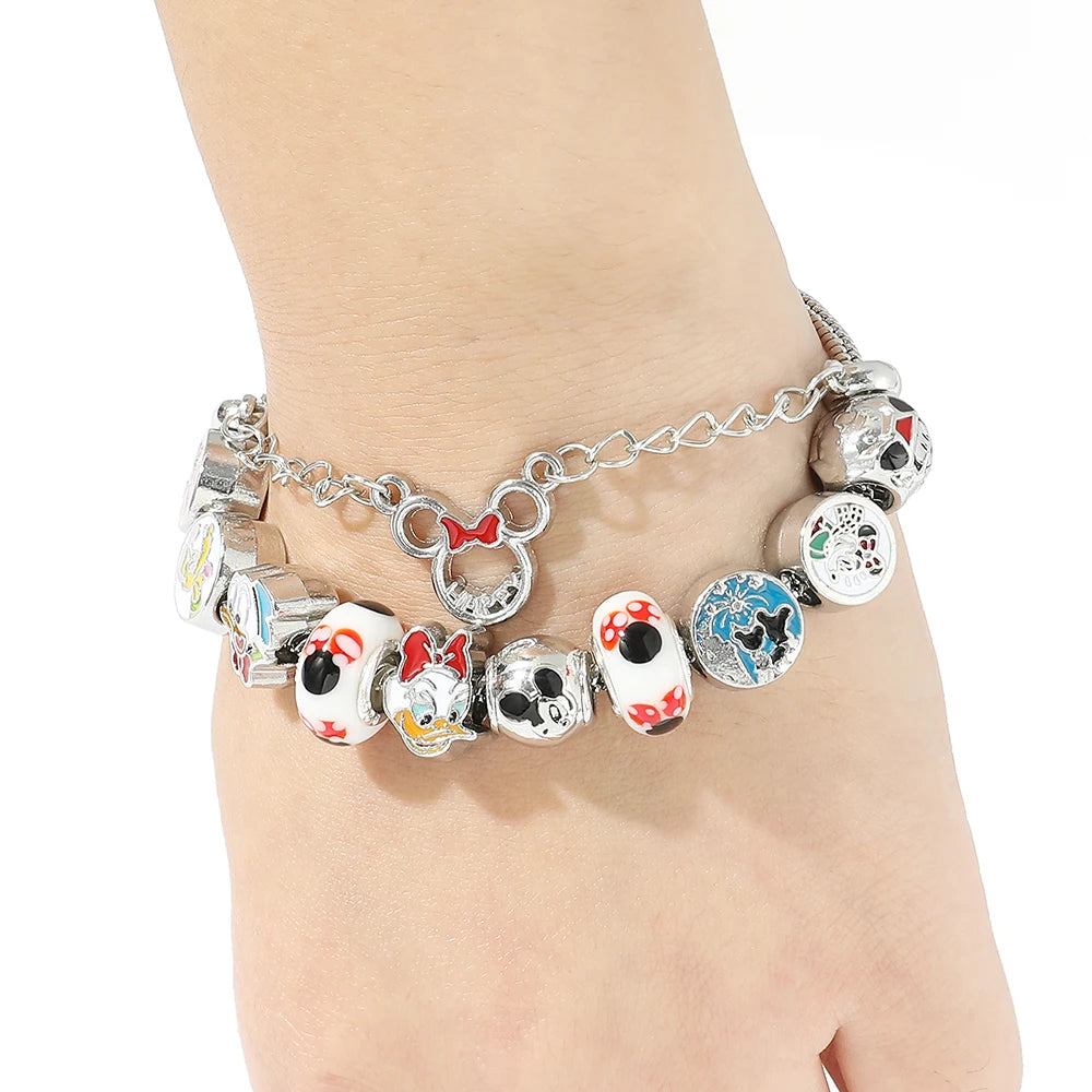 disney Mickey Mouse Bracelets for Women Snake Chain Beads Charm Bangle Jewelry Fashion Accessories