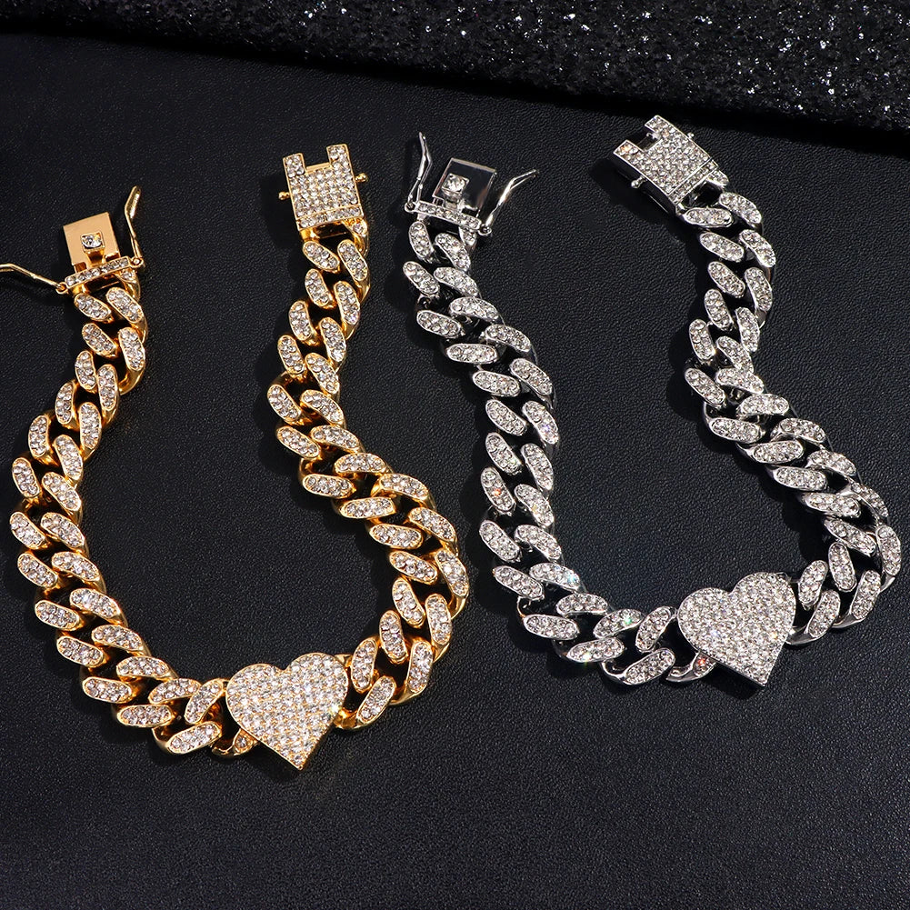 Trendy New Iced Out Heart Crystal Cuban Chain Anklets Bracelet For Women Hip Hop Paved Rhinestone Link Anklet Barefoot Jewelry