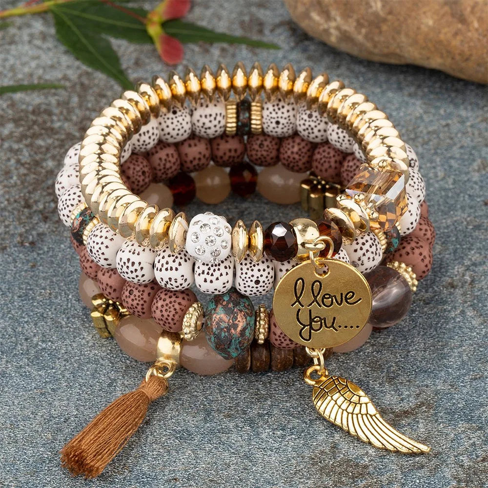 DIEZI Multicolor Acrylic Crystal Beads Strand Bracelets For Women Girls New Tassel Wing Elastic Rope Bracelet Pulseira Feminina