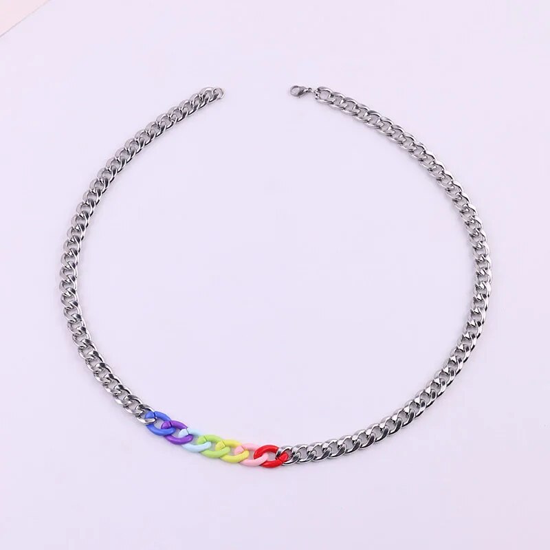 Stainless Steel Cuban Chain for Men Women Colorful Rainbow LGBT Gay Pride Neck Chains Hiphop Choker Necklace Collar Jewelry New