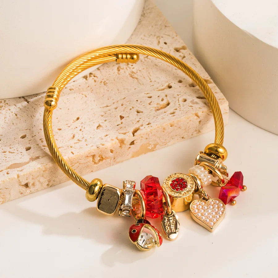 Classic Red Crystal Open Bangle Gold Color Little HEART Pendant Cuff Bracelet for Gift Jewelry