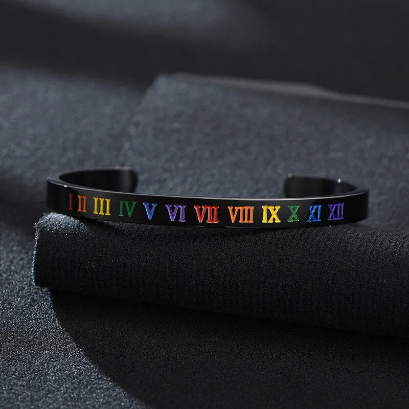 Black Rainbow Color Roman Number Cuff Bangle Unisex Pride Love Unisex Bracelets