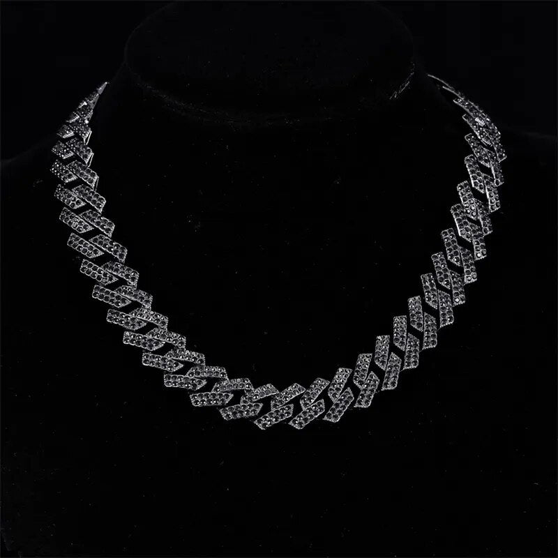 15MM Rhombus Prong Cuban Link Chain 2 Row Iced Out Black Rhinestones Bling Rapper Necklaces For Men Women Choker Jewelry