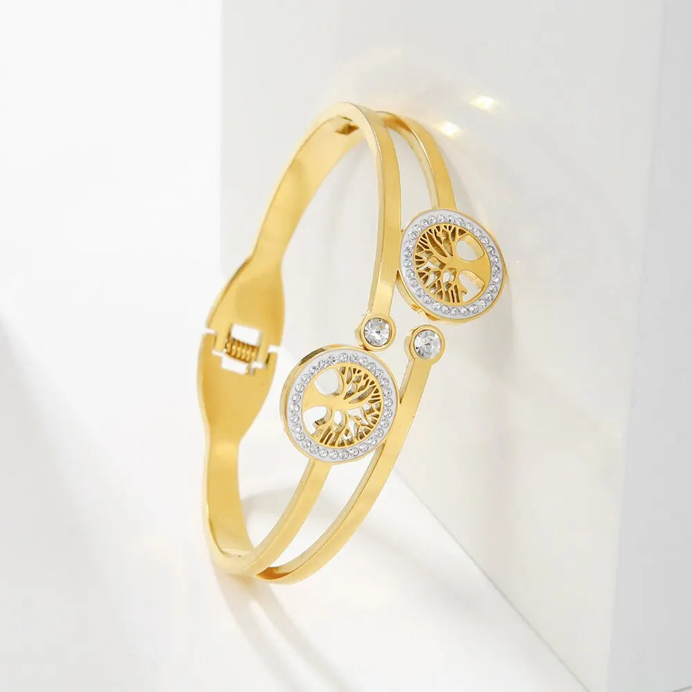 Luxury Stainless Steel Tree of Life Open Bracelet For Women Men Gold-color Cubic Zircon No Fade Color Lucky Cuff Bangle Jewelry