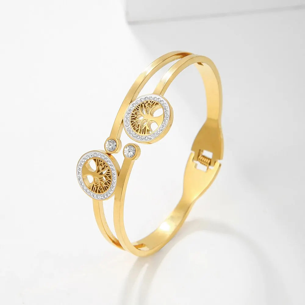 Luxury Stainless Steel Tree of Life Open Bracelet For Women Men Gold-color Cubic Zircon No Fade Color Lucky Cuff Bangle Jewelry