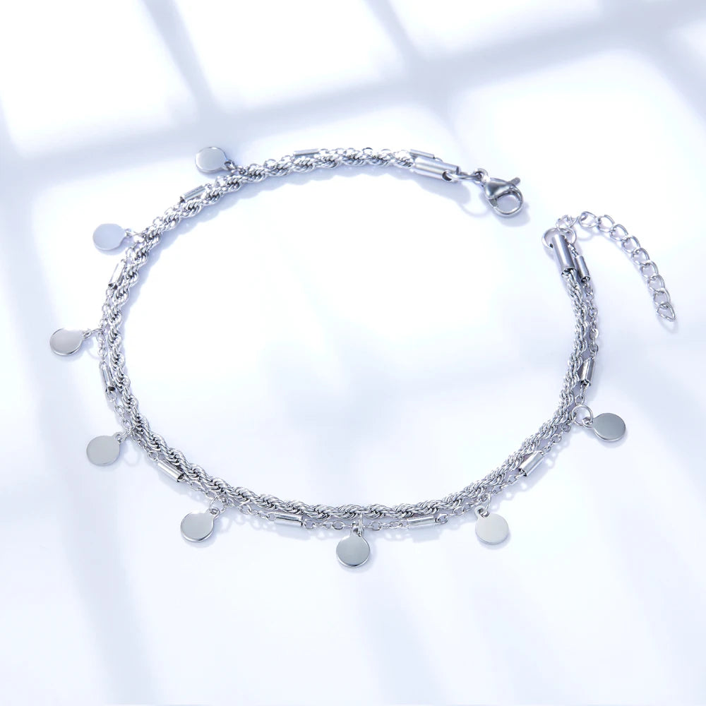 LUXUSTEEL Double Layer Coin Disc Pendant Anklets Gold Colour Stainless Steel Anti-allergic Rope Chain Leg Foot Bracelet Jewelry