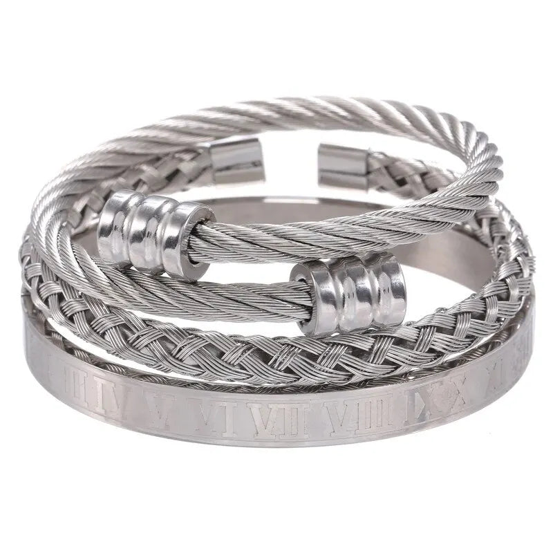 3Pcs/Set High Quality Roman Numeral Woven Cylindrical Head Bracelet Men's Personality Stainless Steel Multilayer Jewelry