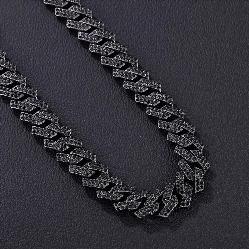 15MM Rhombus Prong Cuban Link Chain 2 Row Iced Out Black Rhinestones Bling Rapper Necklaces For Men Women Choker Jewelry