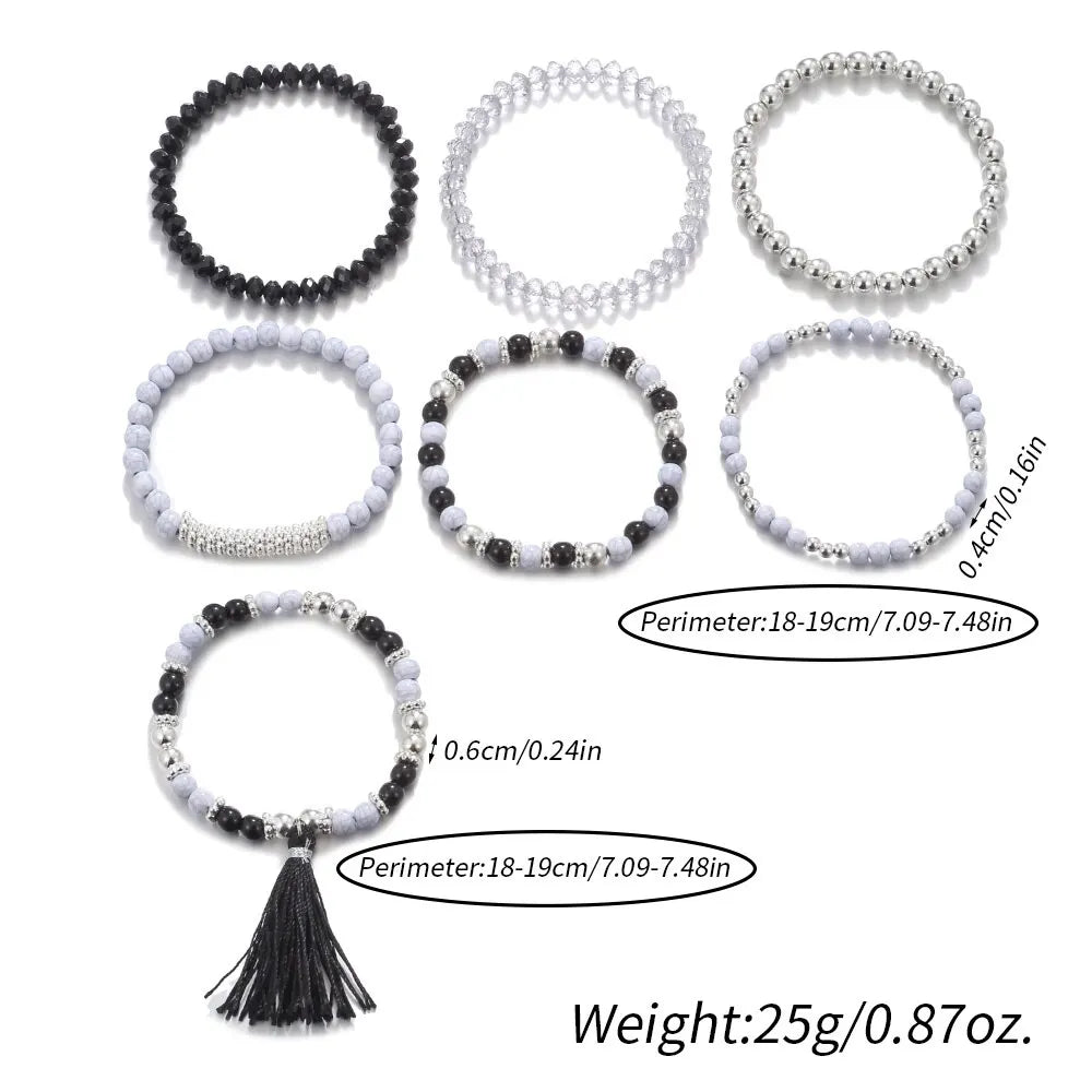 7Pcs/Set Bohemian Multi-Layer Charm Bracelets Set for Women Girls Fashion Handmade Elastic Rice Beads Tassel Emperament Jewelry