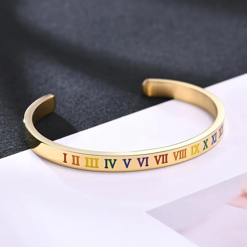 Black Rainbow Color Roman Number Cuff Bangle Unisex Pride Love Unisex Bracelets