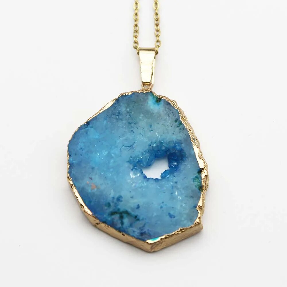 Gold Necklace with Irregular Natural Agate Stone Pendant Charm