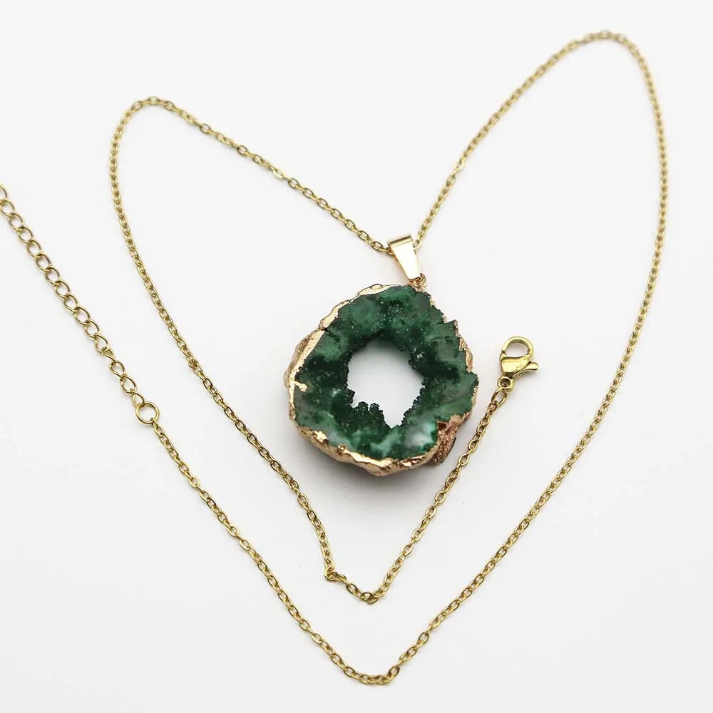 Gold Necklace with Irregular Natural Agate Stone Pendant Charm
