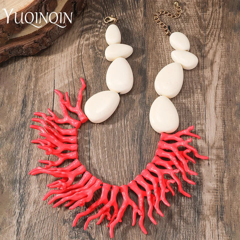 Trendy Vintage Beaded Chain Bohemian Necklaces for Women Big Beads Coralline Pendant Necklace Colorful Bib Jewelry Boho Gifts