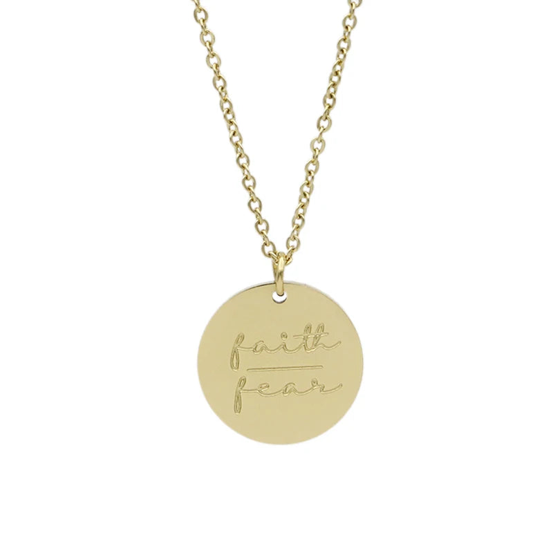 Simple Disc Pendant Necklace Stainless Steel Gold Plated Faith Over Fear Necklace Mind Over Matter Inspirational Jewelry Gift