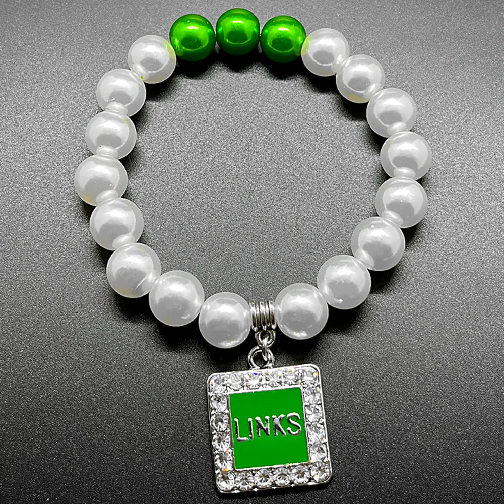Delicate Black Girl sorority letter LINKS Rhinestone Green pendant DIY imitation pearl elastic bracelet