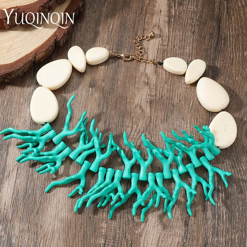 Trendy Vintage Beaded Chain Bohemian Necklaces for Women Big Beads Coralline Pendant Necklace Colorful Bib Jewelry Boho Gifts