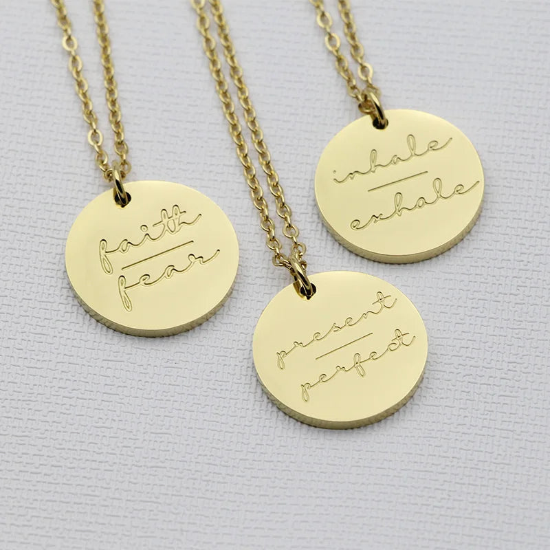 Simple Disc Pendant Necklace Stainless Steel Gold Plated Faith Over Fear Necklace Mind Over Matter Inspirational Jewelry Gift