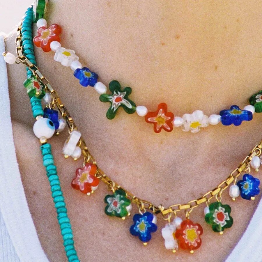 Simple Hip hop Style Colorful Glass Crystal Beads Pearl Necklace Man Sunshine Necklace Bead Choker