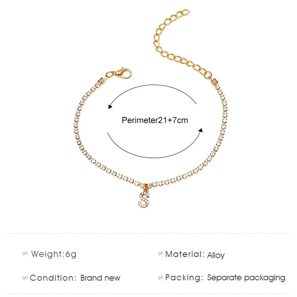 Tiny Crysta Letter Anklets For Women Alphabet Cuban Link Chain Foot Accessories Fashion Summer Beach Jewelry Gifts