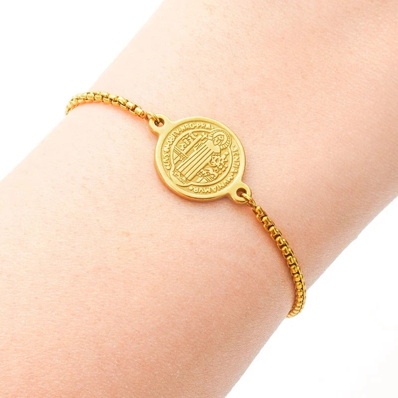Stainless Steel St Benedict Medal Bracelet Metal San Benito Bracelet Adjustable Box Chain Bohemia Bracelet