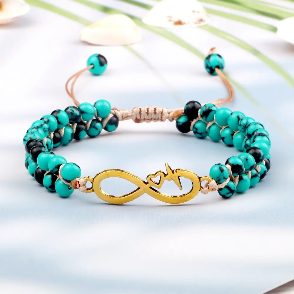 4mm Double Row Green Black Natural Stone Braided Bracelet Lucky Life Tree Charms Adjustabele Bangles Chain Jewelry Gift Friend