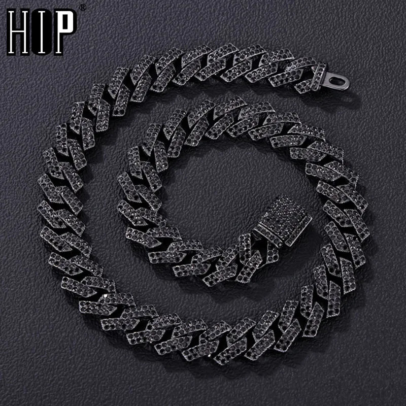 15MM Rhombus Prong Cuban Link Chain 2 Row Iced Out Black Rhinestones Bling Rapper Necklaces For Men Women Choker Jewelry