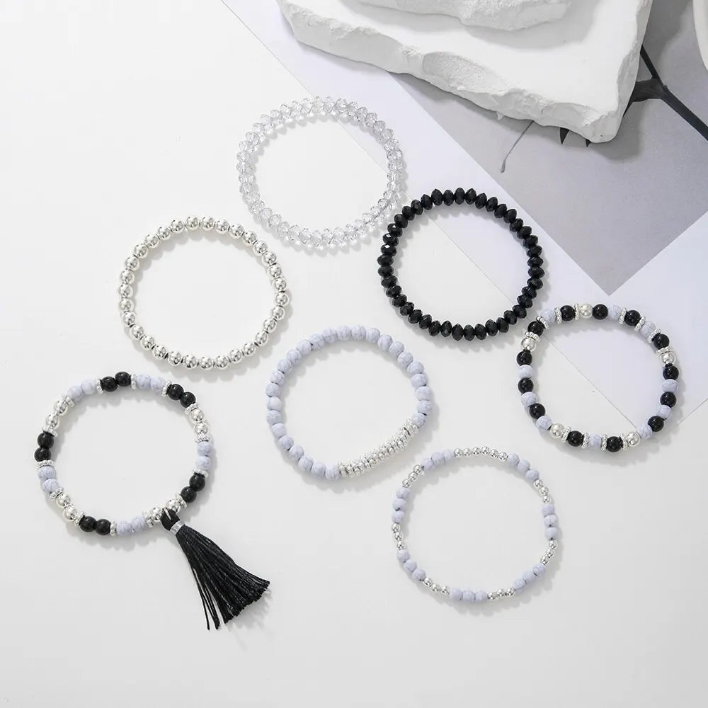7Pcs/Set Bohemian Multi-Layer Charm Bracelets Set for Women Girls Fashion Handmade Elastic Rice Beads Tassel Emperament Jewelry