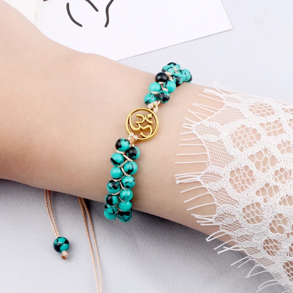 4mm Double Row Green Black Natural Stone Braided Bracelet Lucky Life Tree Charms Adjustabele Bangles Chain Jewelry Gift Friend