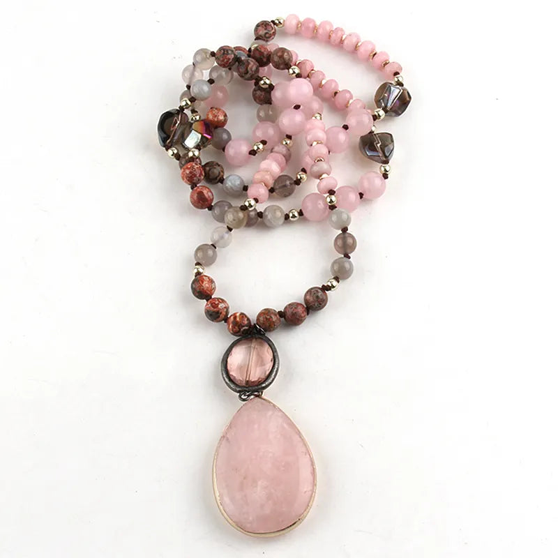 Multi Stone Beads Knotted Pink Drop Charm Pendant Bohemian Necklace