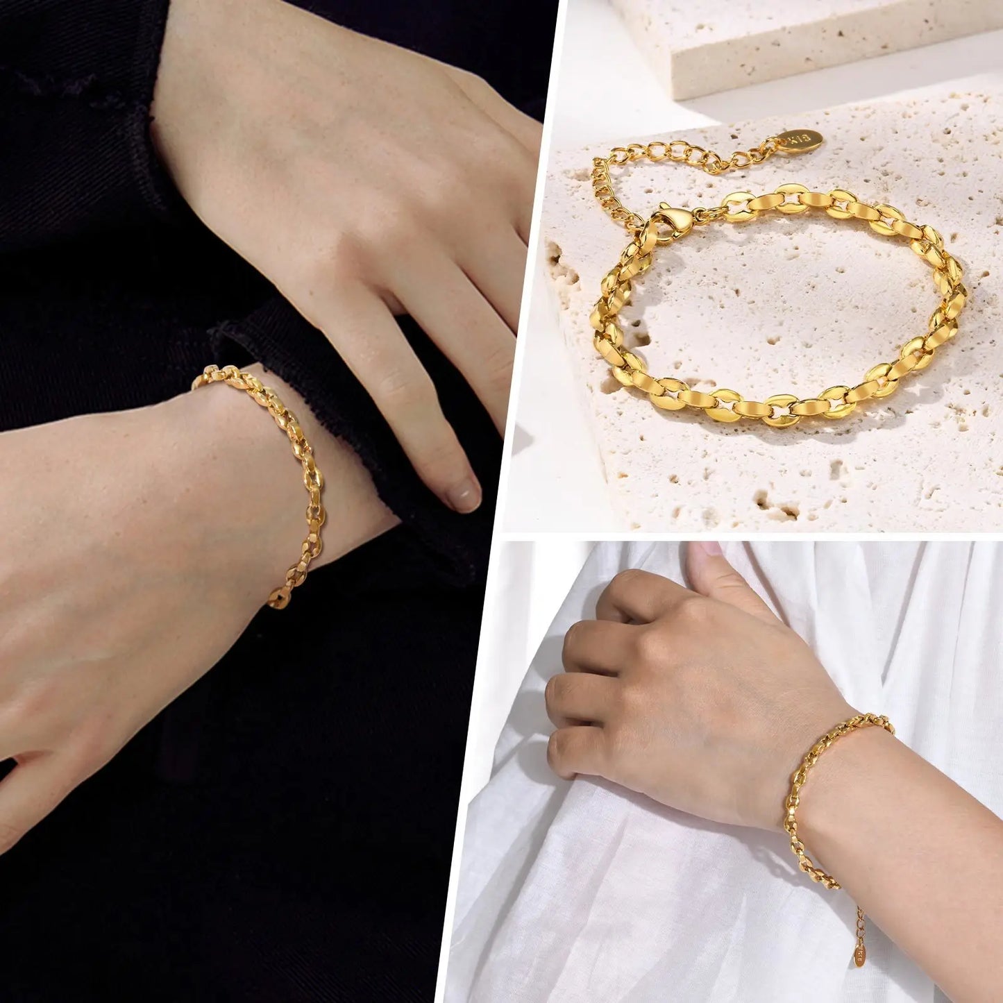 Simple Chain Bracelet for Women, 18k Gold Plated Stainless Steel Link Adjustable