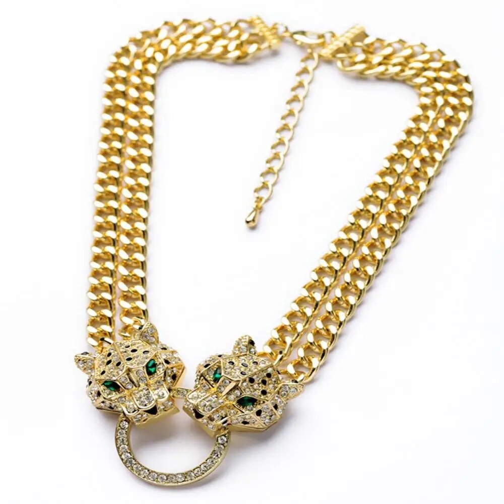 Hip Hop Full Crystal Double Leopard Head Pendant Choker Necklace With Double Cuban Chain For Men Women Fashion Panther Jewelry