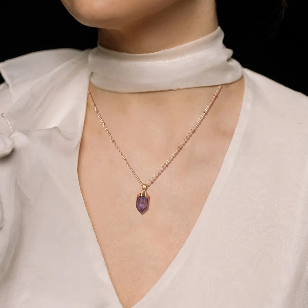 Natural Stone Bullet Pendant Necklace Amethysts Opal Agates Charm Necklace Healing Energy Jewelry Party Wedding Gift For Women