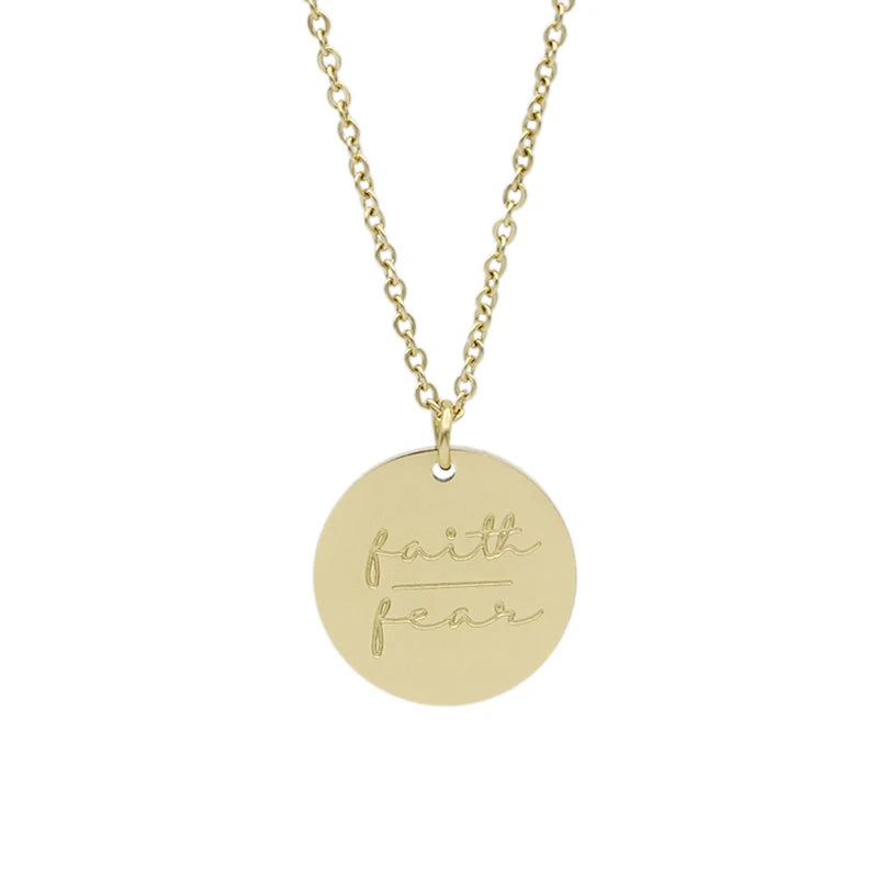 Simple Disc Pendant Necklace Stainless Steel Gold Plated Faith Over Fear Necklace Mind Over Matter Inspirational Jewelry Gift